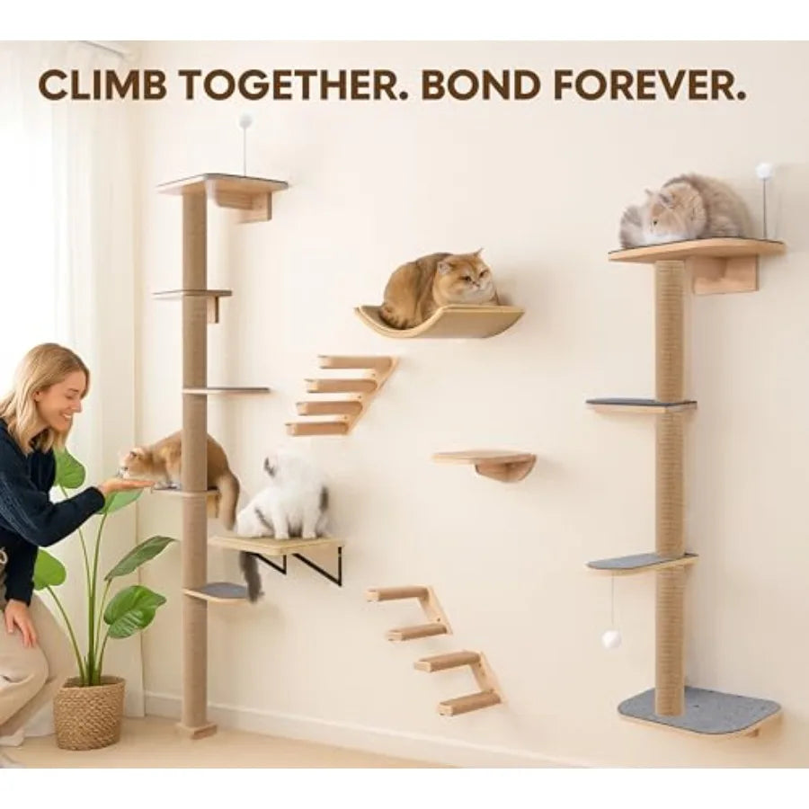 Floor to Ceiling 5-Tier Wall Mounted Cat Tree with Grey Felt Pads for Kittens Adjustable Wild Simulation Cat Tower Natural Pine