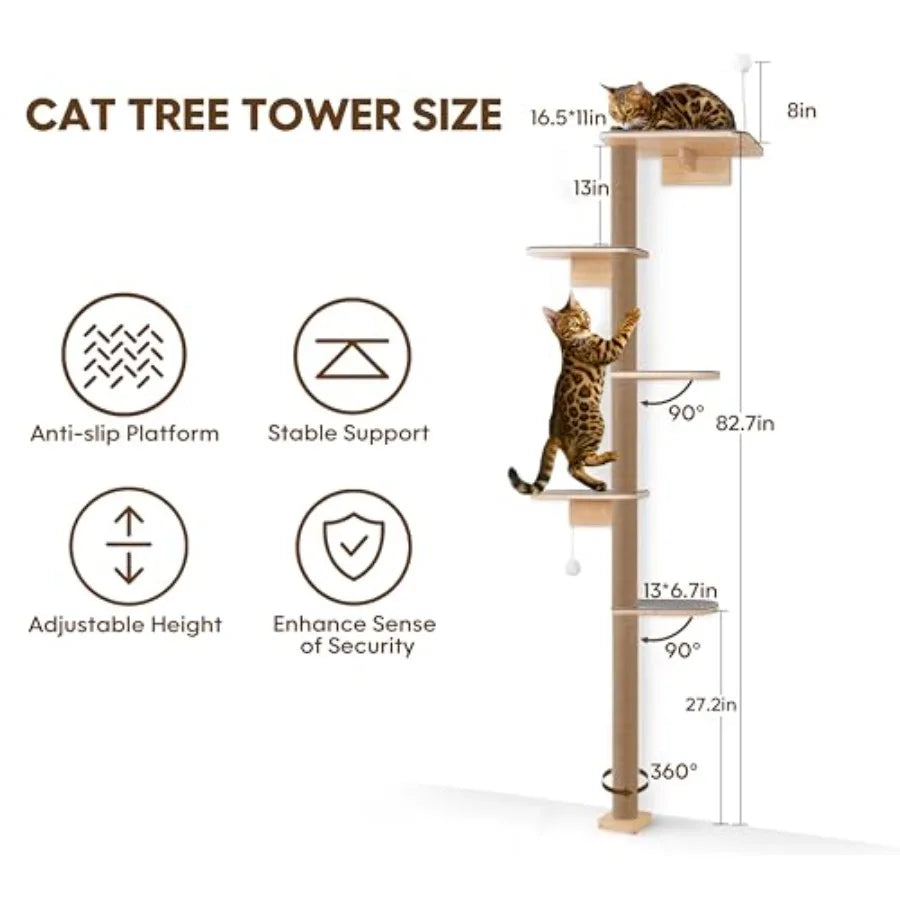 Floor to Ceiling 5-Tier Wall Mounted Cat Tree with Grey Felt Pads for Kittens Adjustable Wild Simulation Cat Tower Natural Pine