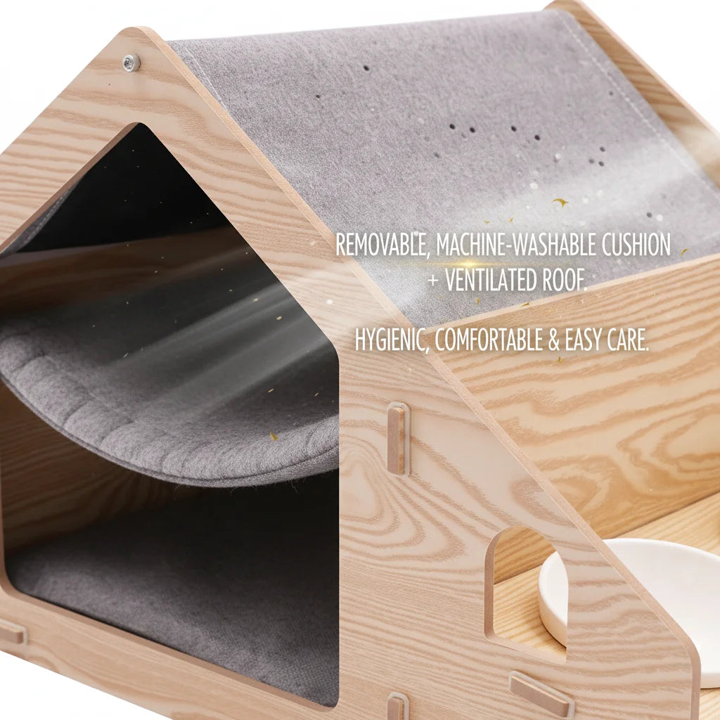 22.8x16.1x15.7in Wooden Cat House, Modern Pet Furniture with Removable Cushion & 2 Food Bowls, 22 lbs Capacity Cat Cave for Indoor Cats, Light Wood