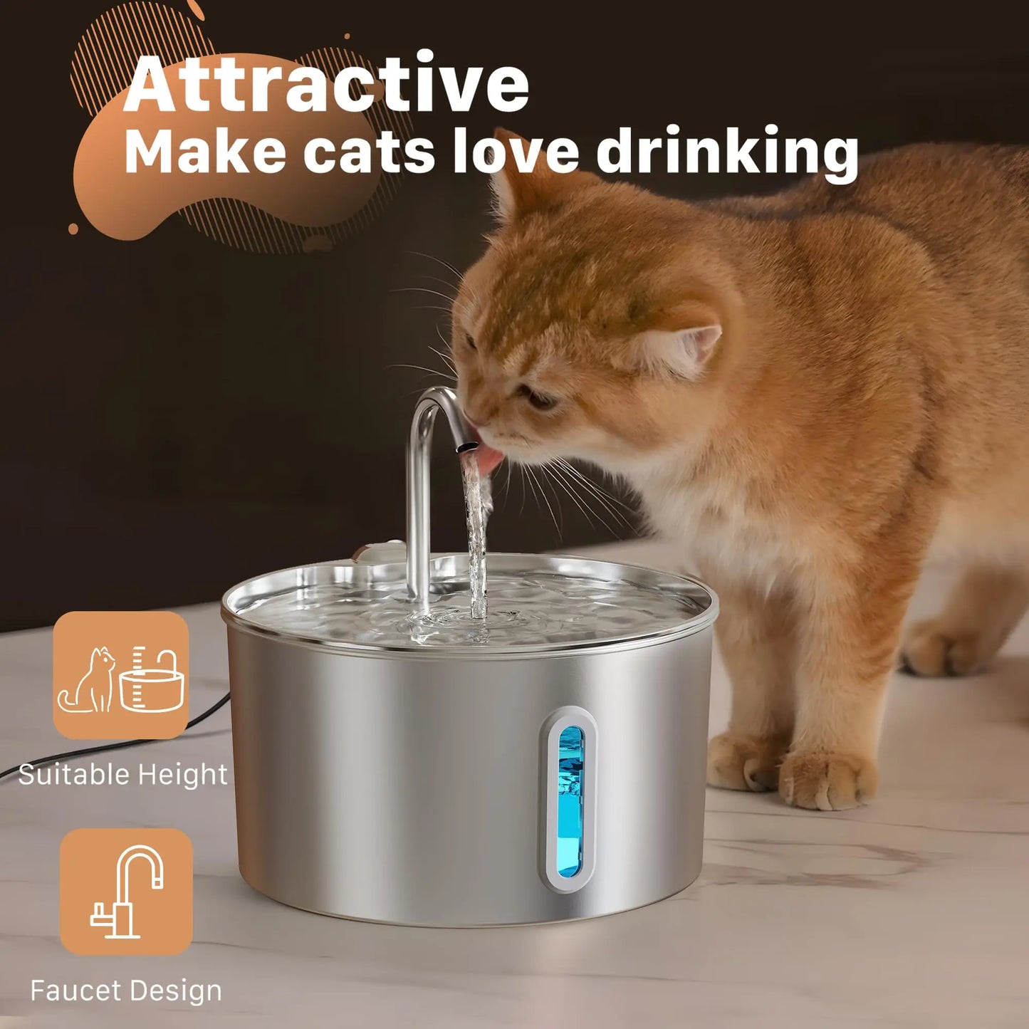 2.2L stainless steel pet water fountain, pet drinking bowl with automatic circulation filter and silent water pump