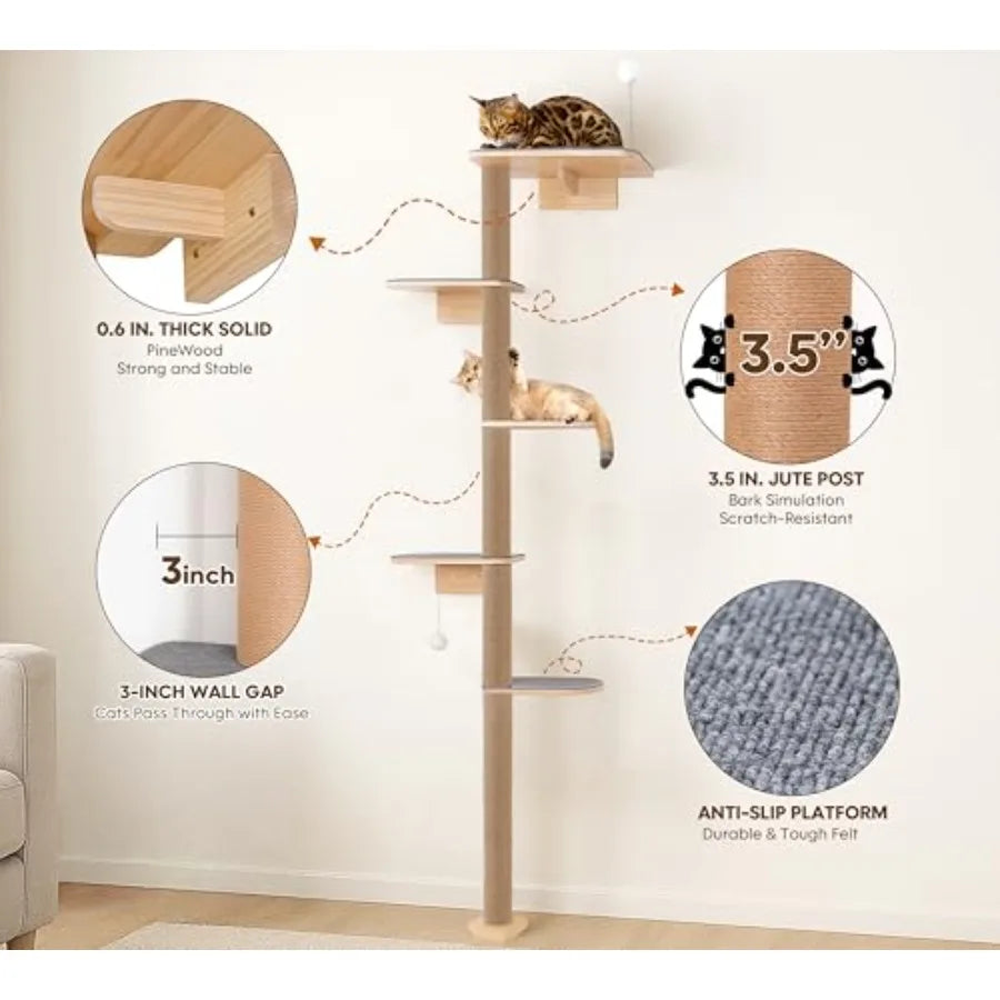 Floor to Ceiling 5-Tier Wall Mounted Cat Tree with Grey Felt Pads for Kittens Adjustable Wild Simulation Cat Tower Natural Pine