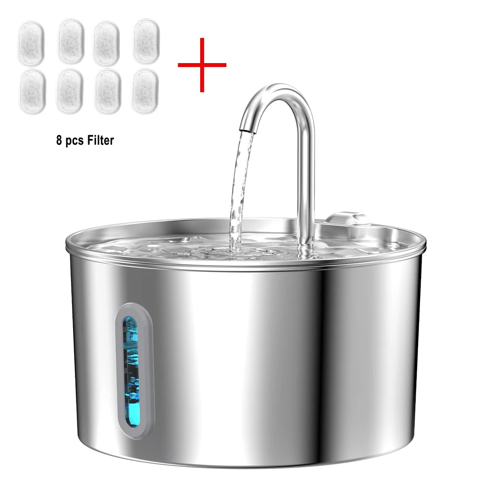 2.2L stainless steel pet water fountain, pet drinking bowl with automatic circulation filter and silent water pump