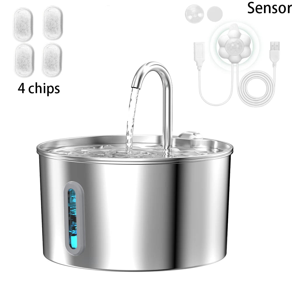 2.2L stainless steel pet water fountain, pet drinking bowl with automatic circulation filter and silent water pump