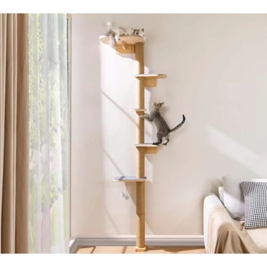 Floor to Ceiling 5-Tier Wall Mounted Cat Tree with Grey Felt Pads for Kittens Adjustable Wild Simulation Cat Tower Natural Pine
