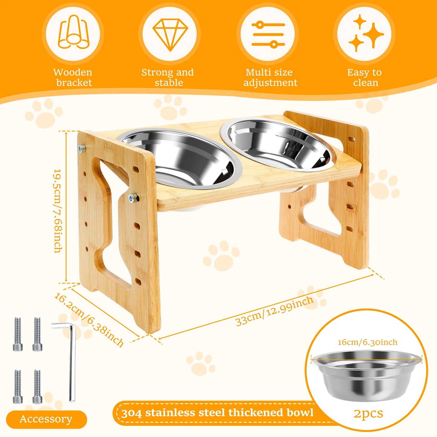Wooden Elevated Cat Dog feeder Bowl Stand with 2 Stainless Steel Feeder bowl for Dry Wet Food Water Anti Slip Pet Supplies