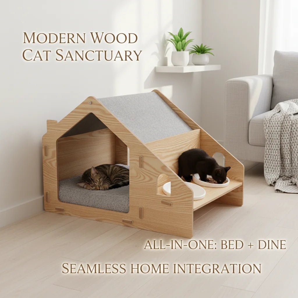 22.8x16.1x15.7in Wooden Cat House, Modern Pet Furniture with Removable Cushion & 2 Food Bowls, 22 lbs Capacity Cat Cave for Indoor Cats, Light Wood