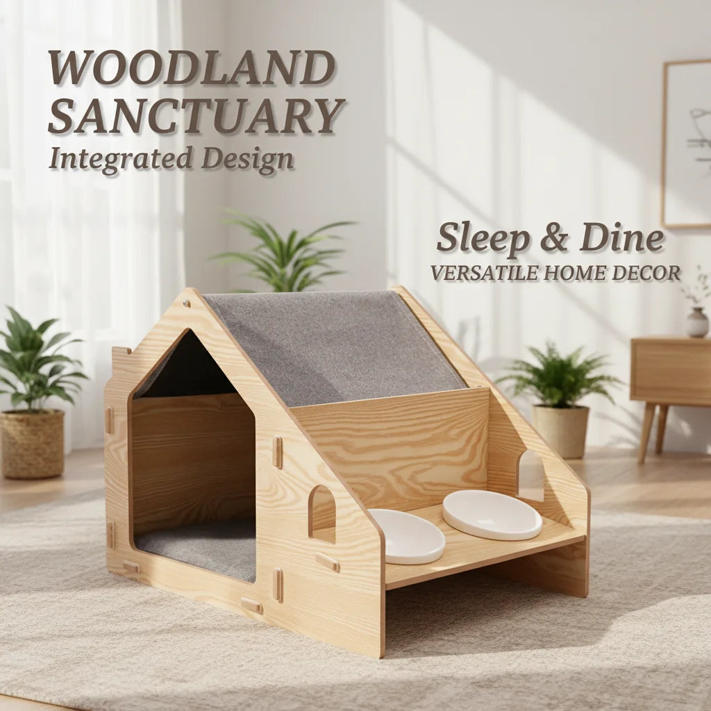 22.8x16.1x15.7in Wooden Cat House, Modern Pet Furniture with Removable Cushion & 2 Food Bowls, 22 lbs Capacity Cat Cave for Indoor Cats, Light Wood