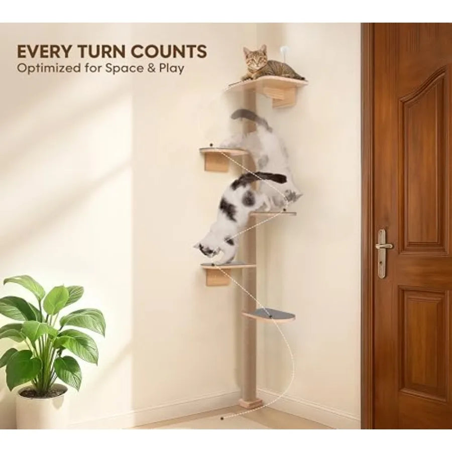 Floor to Ceiling 5-Tier Wall Mounted Cat Tree with Grey Felt Pads for Kittens Adjustable Wild Simulation Cat Tower Natural Pine