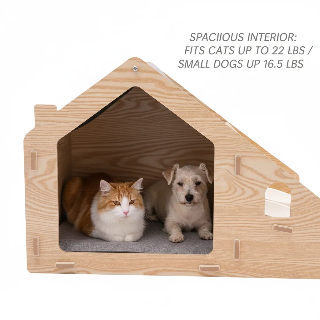 22.8x16.1x15.7in Wooden Cat House, Modern Pet Furniture with Removable Cushion & 2 Food Bowls, 22 lbs Capacity Cat Cave for Indoor Cats, Light Wood