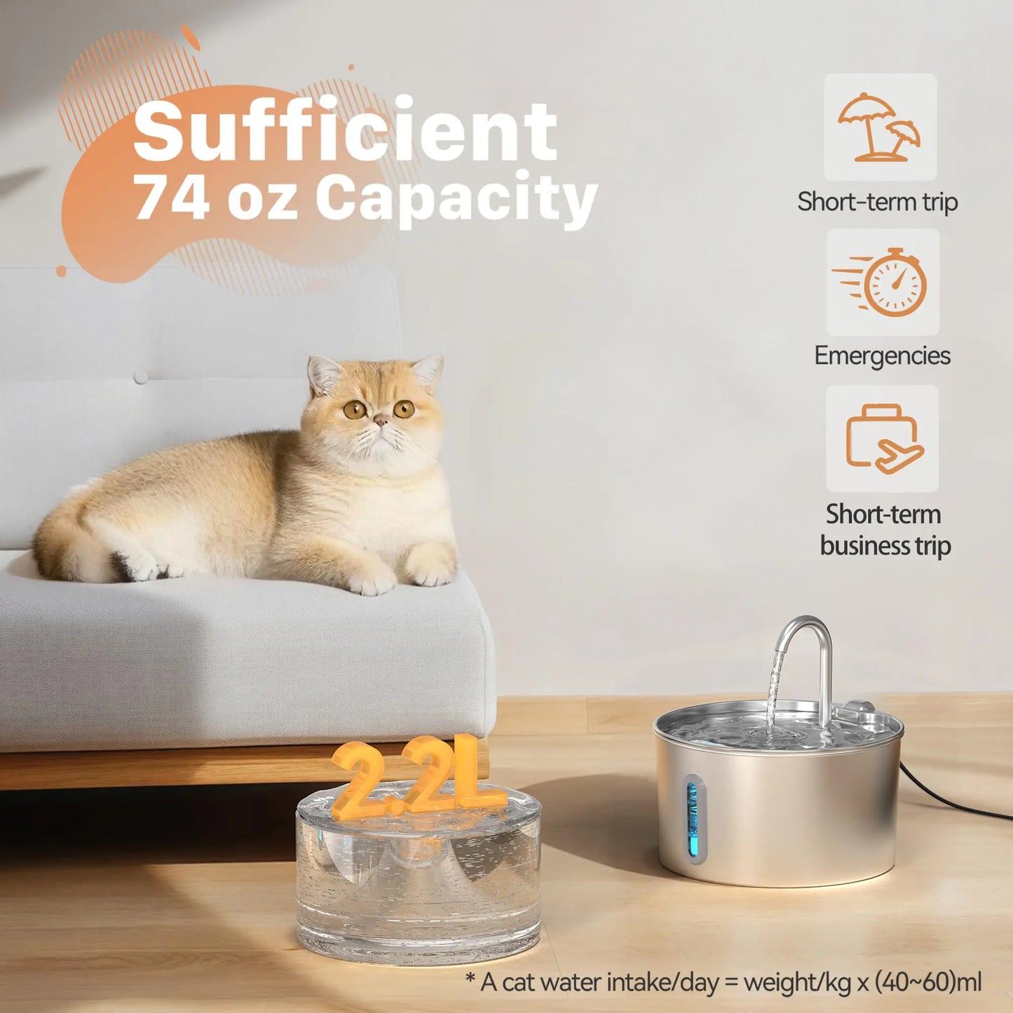 2.2L stainless steel pet water fountain, pet drinking bowl with automatic circulation filter and silent water pump