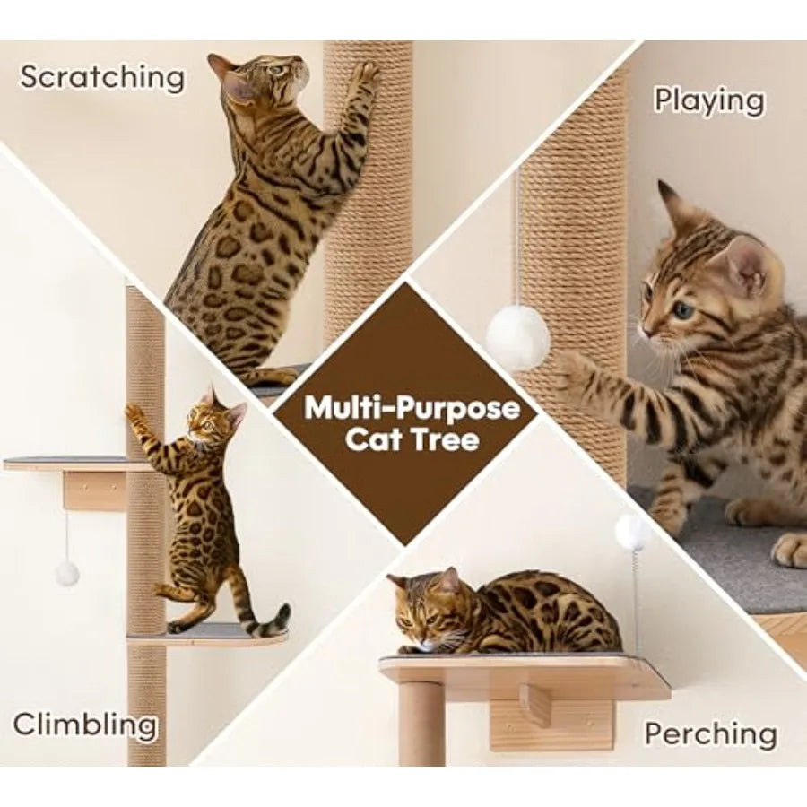 Floor to Ceiling 5-Tier Wall Mounted Cat Tree with Grey Felt Pads for Kittens Adjustable Wild Simulation Cat Tower Natural Pine
