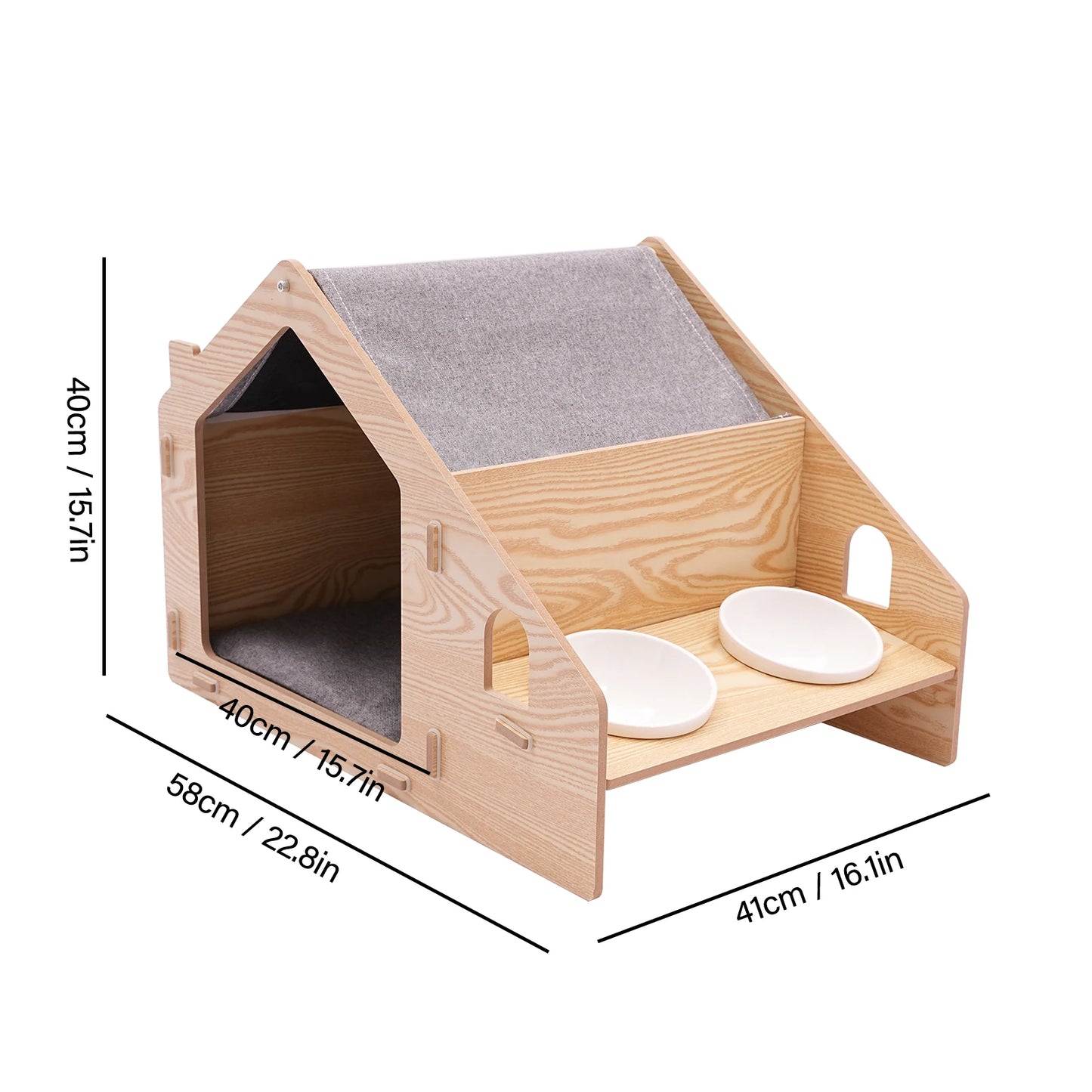 22.8x16.1x15.7in Wooden Cat House, Modern Pet Furniture with Removable Cushion & 2 Food Bowls, 22 lbs Capacity Cat Cave for Indoor Cats, Light Wood