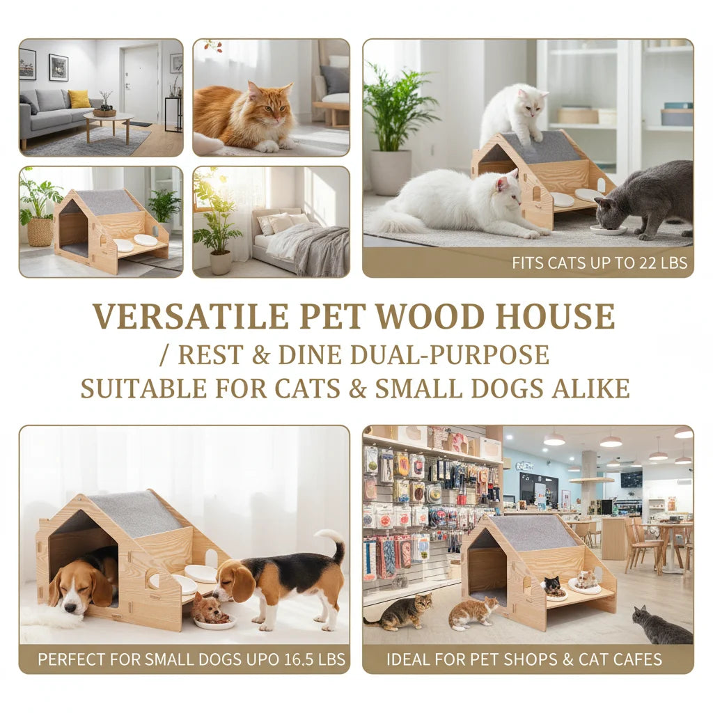 22.8x16.1x15.7in Wooden Cat House, Modern Pet Furniture with Removable Cushion & 2 Food Bowls, 22 lbs Capacity Cat Cave for Indoor Cats, Light Wood