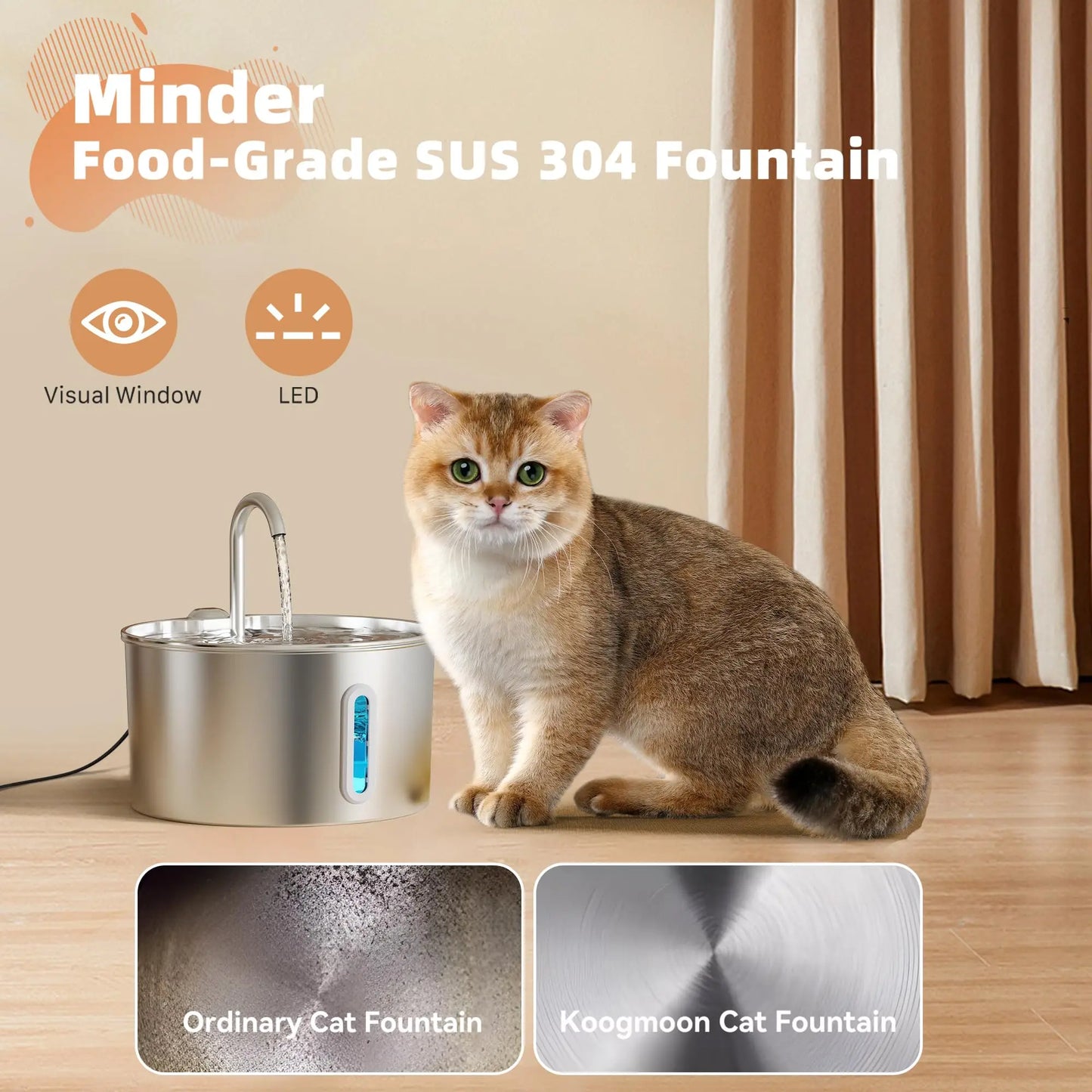 2.2L stainless steel pet water fountain, pet drinking bowl with automatic circulation filter and silent water pump