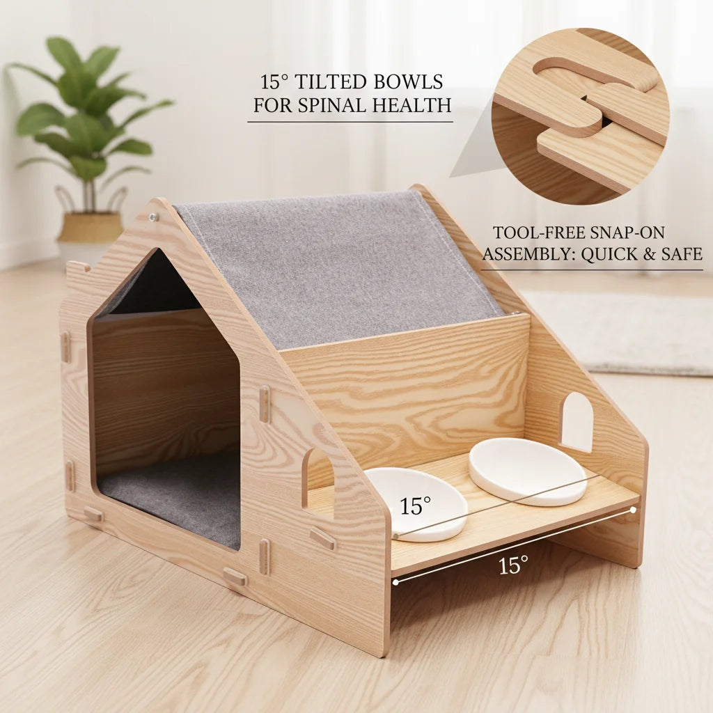 22.8x16.1x15.7in Wooden Cat House, Modern Pet Furniture with Removable Cushion & 2 Food Bowls, 22 lbs Capacity Cat Cave for Indoor Cats, Light Wood